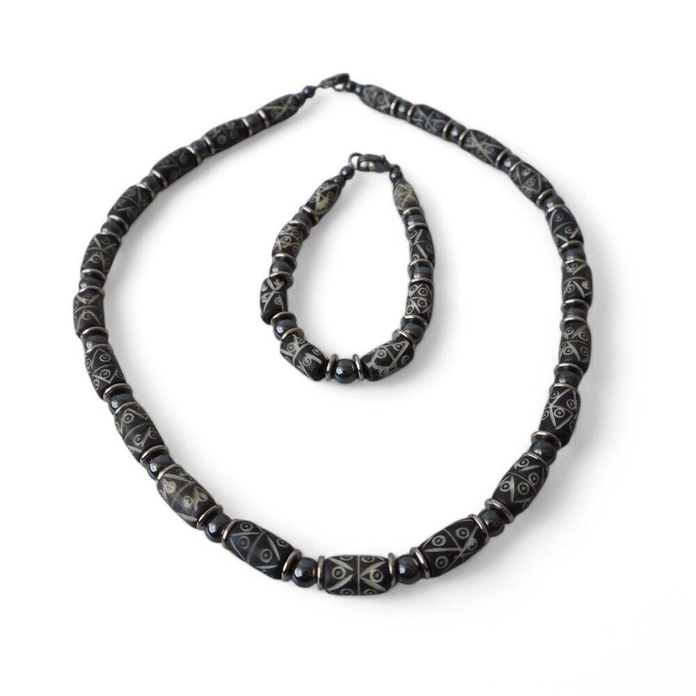 Intercrafts Peru Clay Beaded Necklace and Bracelet Set Black / Grey NEW